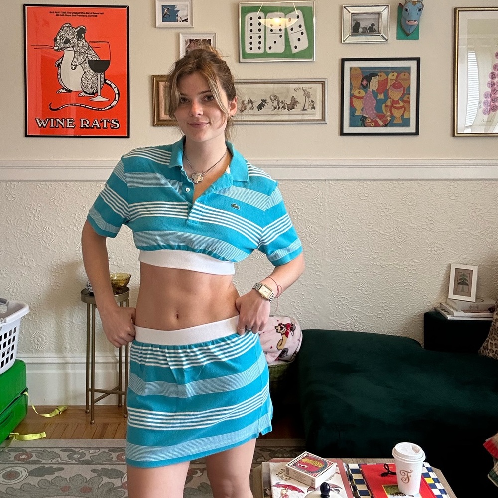 Striped Blue Polo Crop Top and Skirt Set